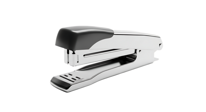 Silver and black stapler isolated on transparent background, a essential office tool for binding documents and organizing paperwork with efficiency and precision in the workplace