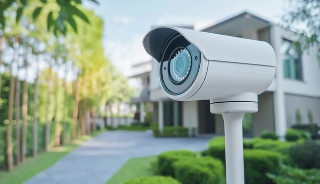 A close-up of a modern white security camera mounted on the side of a house
