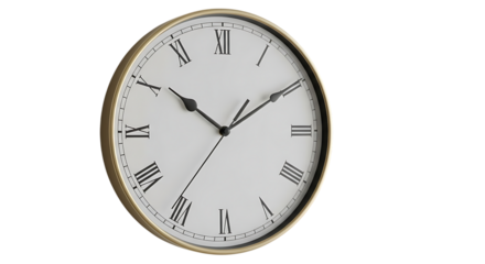 A vintage wall clock with roman numerals, indicating time and a sense of history, isolated on transparent background