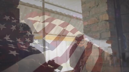 Animation of flag of usa over diverse soldiers - Powered by Adobe