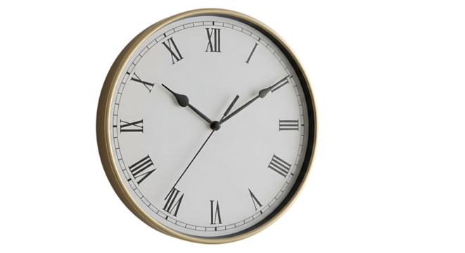 A vintage wall clock with roman numerals, indicating time and a sense of history, isolated on transparent background