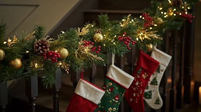 Christmas garland with stockings and decorations on staircase railing  