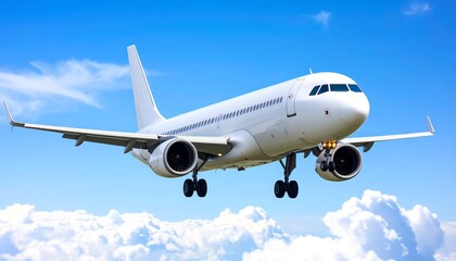 Obraz premium A white airplane flying through a bright blue sky with fluffy white clouds.