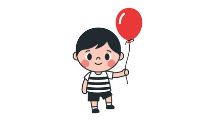 A Boy's Flight of Fancy: A young boy with a bright smile holds aloft a vibrant red balloon, embodying the pure joy and boundless imagination of childhood in this cute illustration.