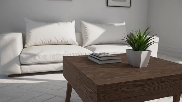 The interior decoration of modern simple bright sitting area with light-colored sofa and timber center table, with framed s on pale wall computer-generated ry