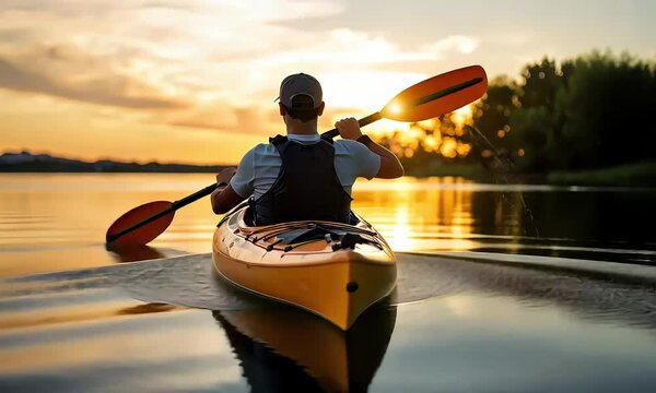 Golden hour kayaking on serene water