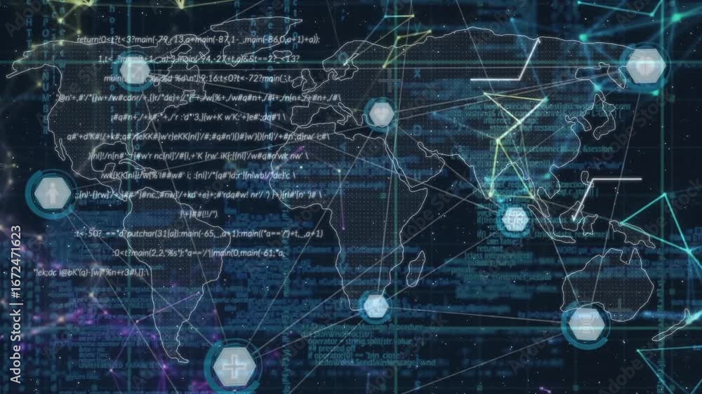 Aufkleber animation of data and network of connections over world map