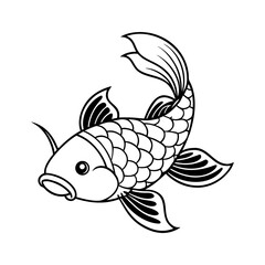 A detailed black and white sketch of a stylized koi fish swimming isolated on white background isolated on transparent background