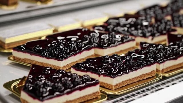 Detailed Close-Up Perspective of Patisserie Showcase Containing Rows of Decadent Desserts Including Blackcurrant Cheesecake Slices Presented on Individual Golden Trays Behind Glass Panel