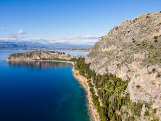 Aerial Mediterranean Sea beach and cliffs nature landscape winter sunny day in Nafplio Greece