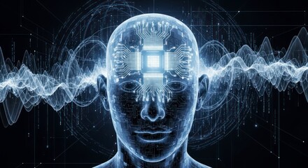 A digital representation of a human head, highlighting a central microchip, surrounded by abstract waves, illustrating the concept of neural connections and information processing.