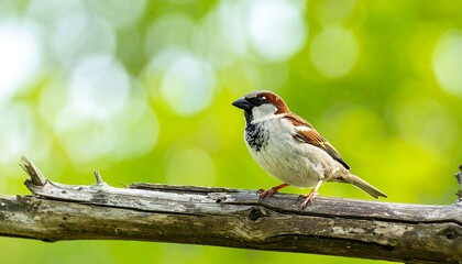A Male House Sparrow Perched on a Branch with a Soft Green Bokeh Background.