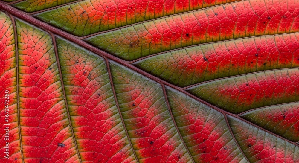 Poster closeup macro shot of a vibrant red and green leaf, showcasing intricate vein patterns and textured 