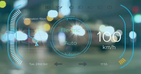 Animation of electric car speedometer data processing over city - Powered by Adobe