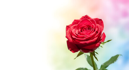 Fototapeta premium Vivid Red Rose with Water Droplets Against a Colorful Blurred Background.