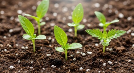 Fototapeta premium Young seedlings emerge from the fertile soil, showcasing vibrant new growth.