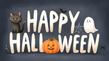Happy Halloween banner or poster with cute black cat, pumpkin jack o lantern, bat and ghost in cartoon style