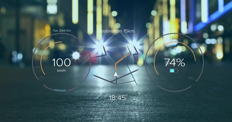 Animation of electric car speedometer data processing over city - Powered by Adobe