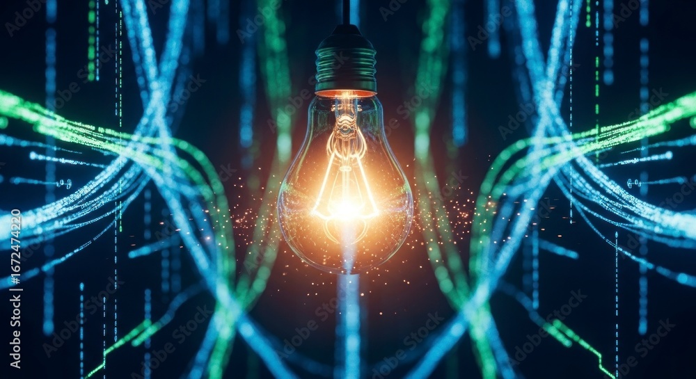 Poster a luminous lightbulb glows brightly amidst a complex network of digital threads, highlighting the co