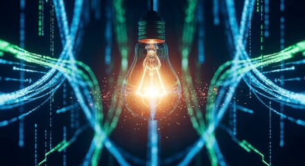 A luminous lightbulb glows brightly amidst a complex network of digital threads, highlighting the concept of innovation and technology.