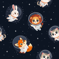 Seamless vector pattern on a dark background. Cute animal astronauts fly in space with stars, a lion, a kitten, a bunny, and a fox. . Vector illustration