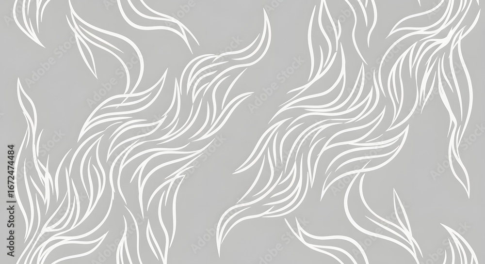 Poster abstract seamless pattern of flowing white lines on a light gray background, evoking a sense of orga