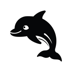 A charming black silhouette of a happy dolphin with a big smile isolated on white background isolated on transparent background