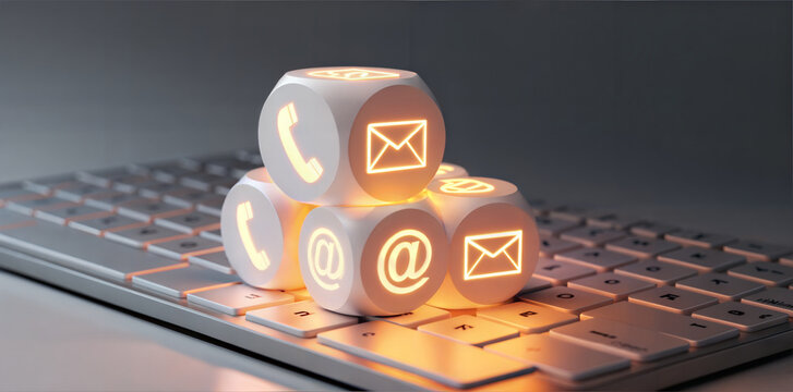 Glowing communication icons on dice stacked on a computer keyboard representing digital contact and connection - Powered by Adobe