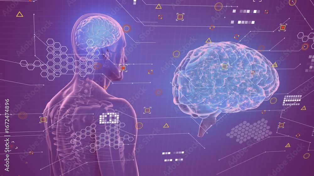Poster animation of human body and brain and data processing over dark background