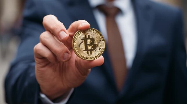 businessman holding bitcoin in hand. showcasing cryptocurrency legal and corporate acceptance as investment, portfolio, wealth, and digital asset
