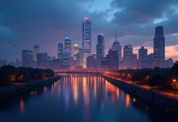 Fototapeta premium breathtaking twilight sky stunning glowing city skyline dazzling urban landscape illuminated horizon evening color palette, dusk, building, architecture, view