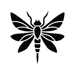 Stylized black silhouette of a dragonfly with intricate wing patterns isolated on white background isolated on transparent background