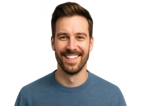 Smiling bearded man in blue sweater; PNG transparent background.
