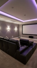  luxurious home theater with plush seating and ambient purple lighting, creating an immersive cinematic experience