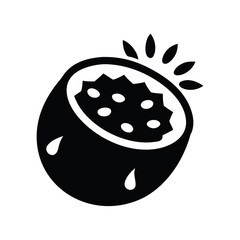 Fototapeta premium Stylized black and white icon of a half coconut with water droplets and rays isolated on white background isolated on transparent background