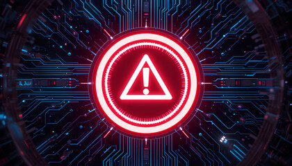 Red Digital AI Security Warning Sign Embedded in Circuit Board Technology