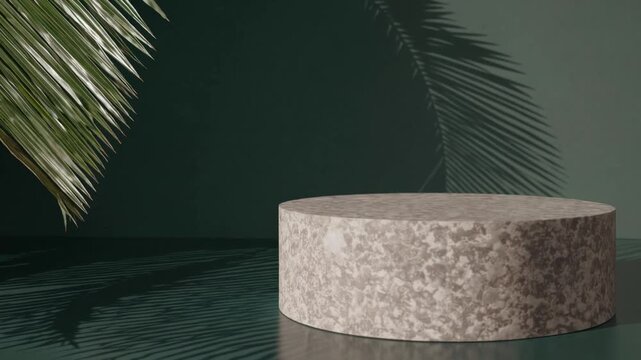 Three-dimensional backdrop, stone exhibition platform, shadow from tropical plant on deep green surface. Mock-up for promoting beauty or cosmetic items. Natural-themed display stand. Banner with trop