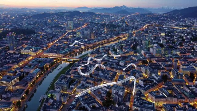 Conceptual Visualization of Data Streams as Luminous Ribbons Flowing Over Metropolitan Area