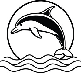 Dynamic jumping dolphin silhouette in ocean water with splashes and waves isolated on white background isolated on transparent background