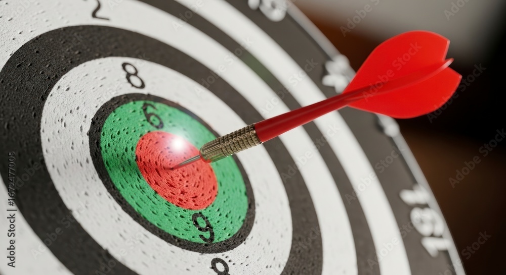 Poster a close-up view of a dart precisely hitting the bullseye of a target, signifying success and precise
