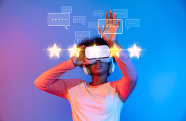 A young user explores a virtual reality environment, interacting with digital feedback and rating...
