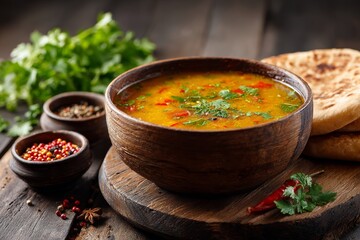 Warm lentil soup with spices, served with naan bread and fresh herbs in a rustic wooden bowl. Ideal for healthy, vegetarian, and ethnic food themes. Vibrant and flavorful.