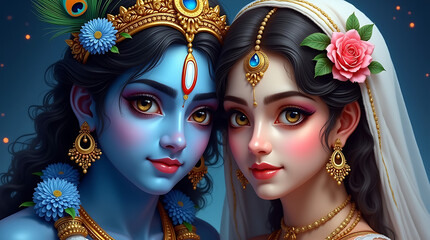 Lord Krishna And Radha With Golden Eyes And Floral Adornments Looking At Each Other hinduism