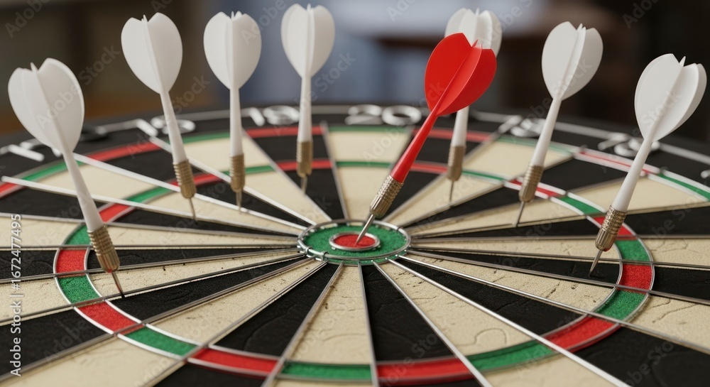 Poster a red dart aims squarely at the bullseye of a dartboard, while several white darts surround it, high