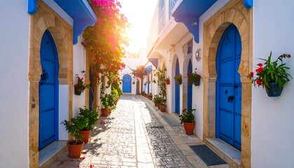 Obraz premium A sun-drenched alleyway lined with vibrant whitewashed buildings and stunningly blue arched doorways, adorned with potted plants and hanging flower baskets.