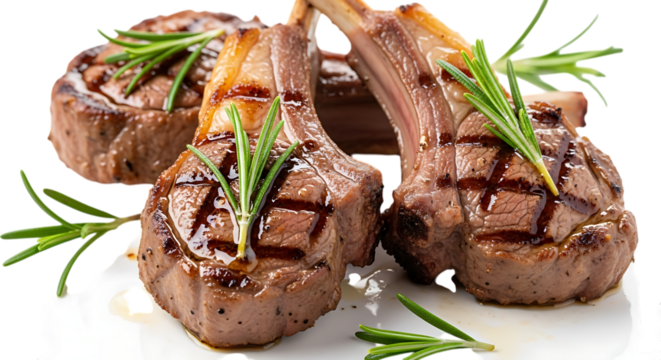 Grilled lamb chops with rosemary isolated on transparent background, a delicious and gourmet meal, perfect for dinner or lunch at a restaurant, cooked to perfection and ready to serve