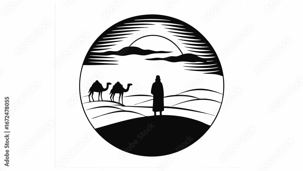 Poster silhouette of a person and two camels in a desert landscape under a sun within a circular frame desi