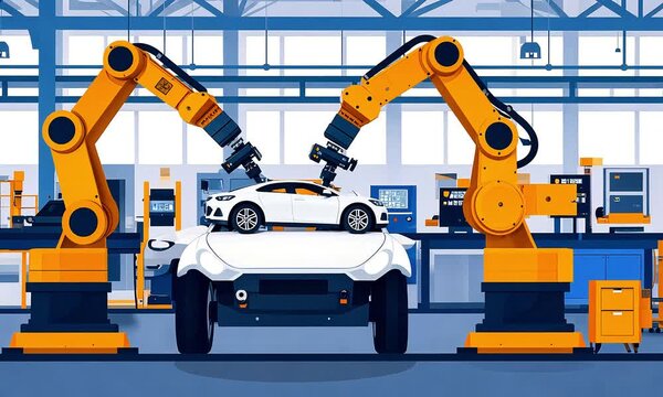 Industrial robots assembling a car in a modern factory
