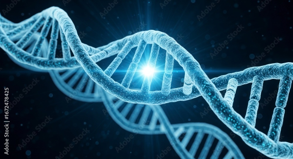 Poster a detailed and vibrant representation of a dna helix against a dark backdrop, highlighting the compl