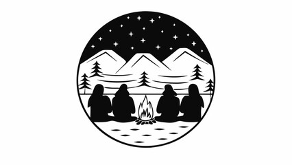 Silhouetted figures around a campfire under a starry night with mountains and trees in the background | editable eps vectors